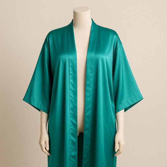 Vintage Victoria’s Secret Gold Label Satin Teal Kimono Robe One Size - Picture 3 of 13